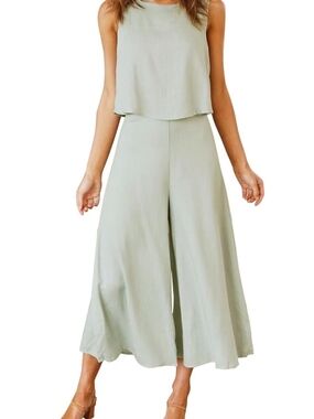 Sleeveless Coord Set in Light Sage - Wide-Leg Cropped Style